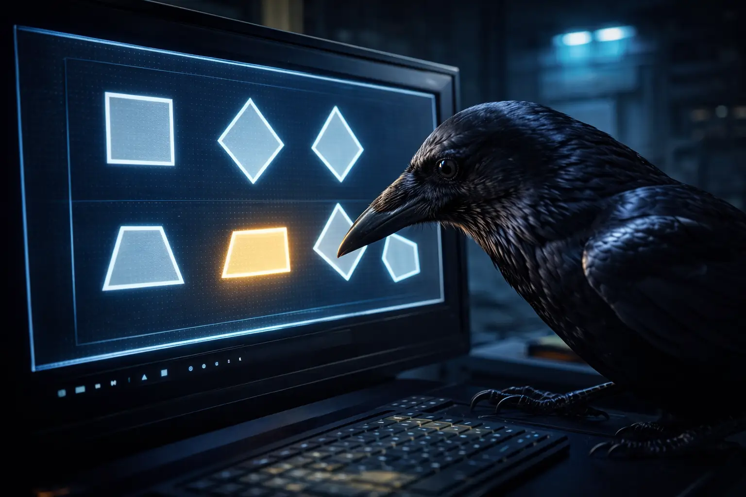 Cuervo observando figuras geométricas en una pantalla durante un experimento científico sobre inteligencia animal.