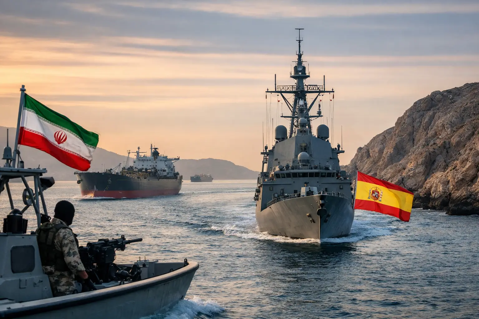 Barcos militares y petroleros navegando en el estrecho de Ormuz en un contexto de tensión geopolítica