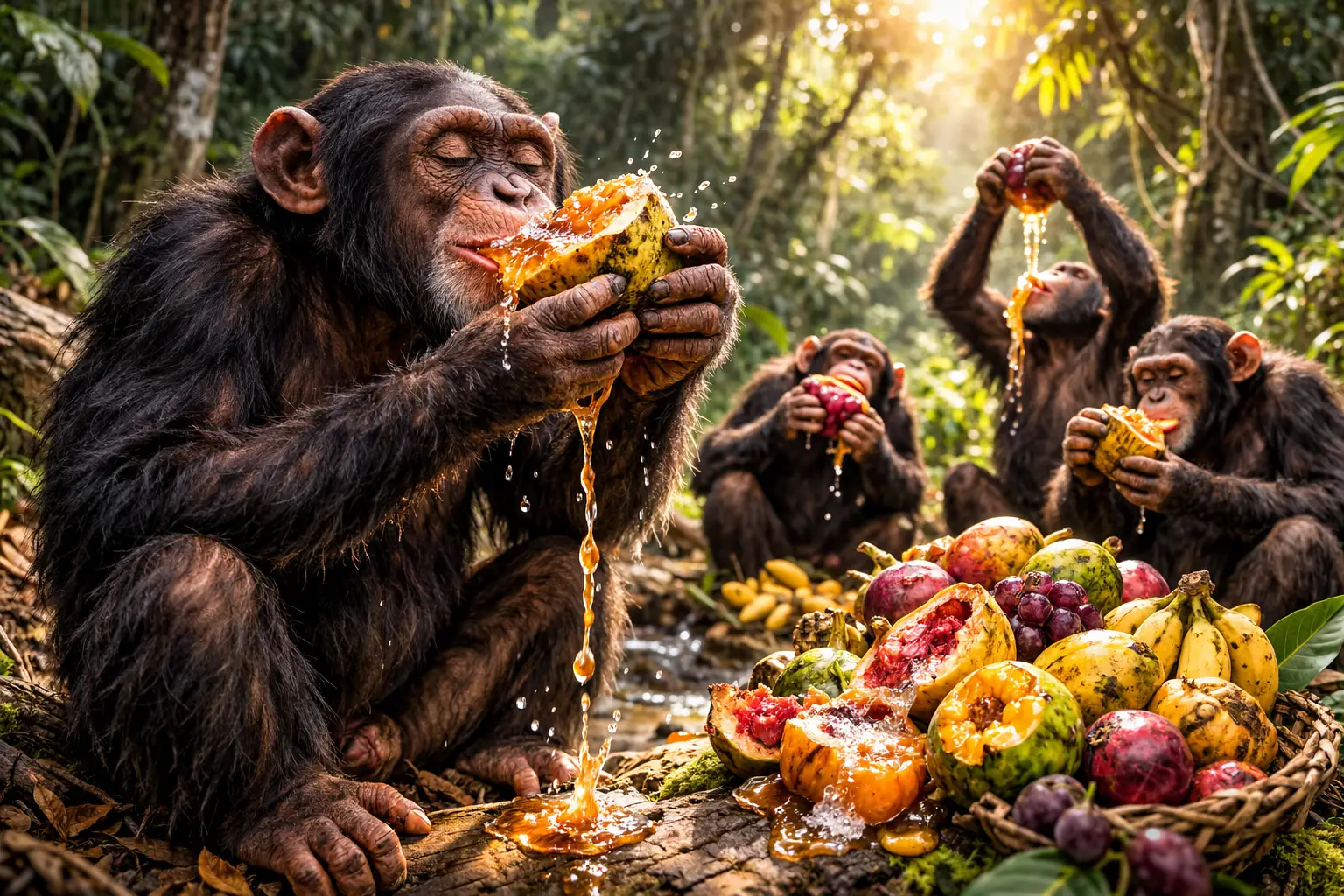 Chimpancés salvajes comiendo fruta fermentada en la selva tropical, una fuente natural de alcohol en su dieta.