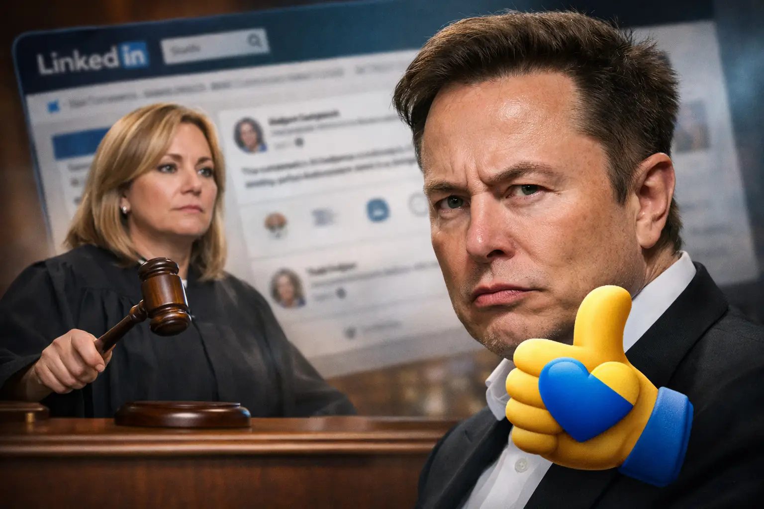 Elon Musk junto a una jueza en una escena relacionada con la polémica por una reacción en LinkedIn