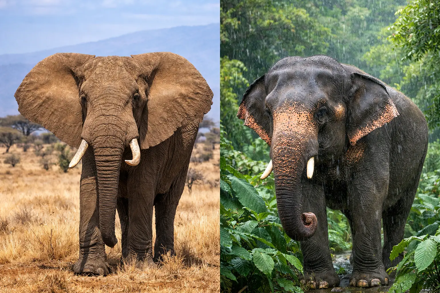 Comparación entre un elefante africano y un elefante asiático mostrando la diferencia en el tamaño de sus orejas.