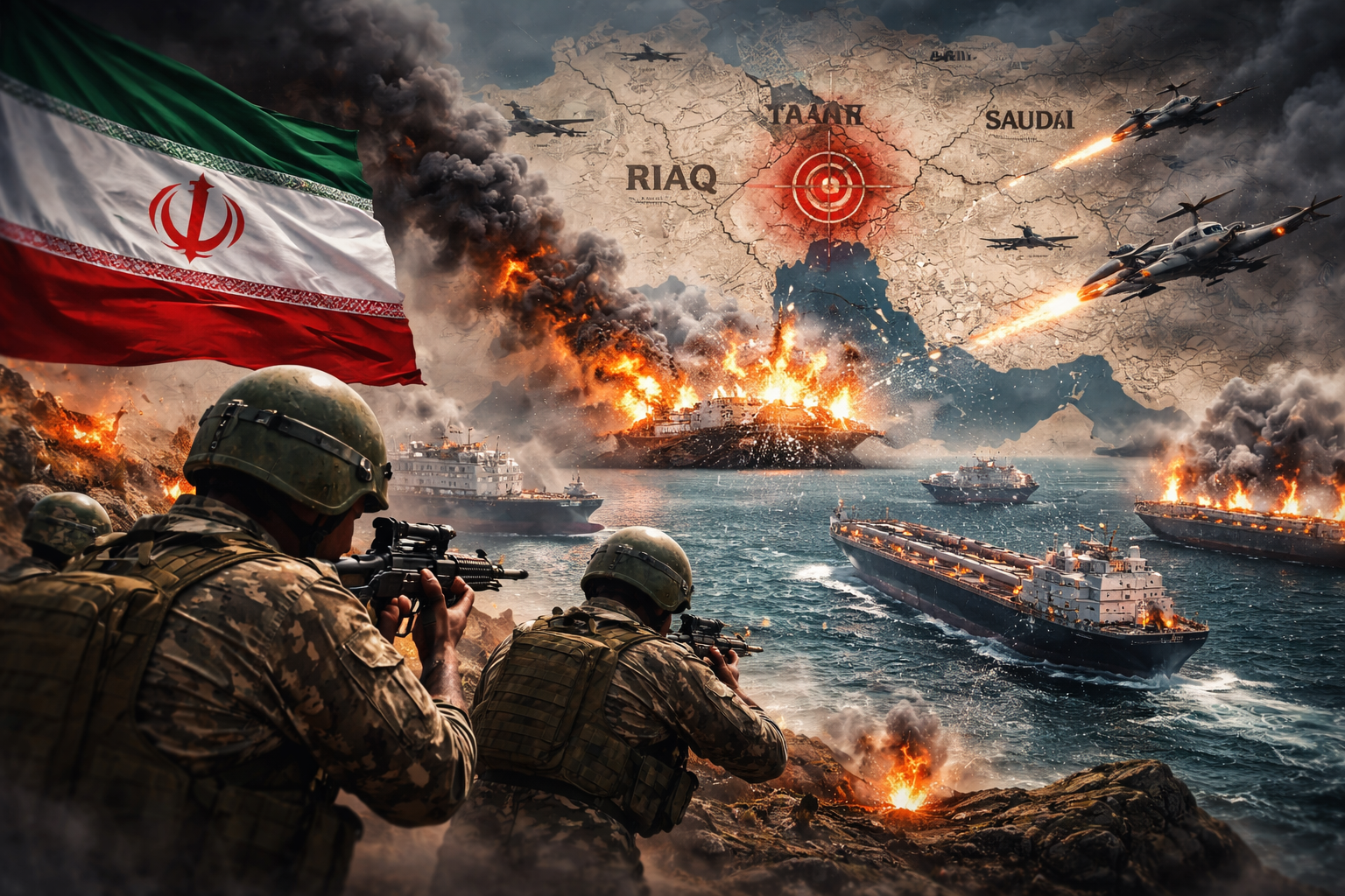 Escena de conflicto en Oriente Medio con barcos petroleros, explosiones y presencia militar en el estrecho de Ormuz