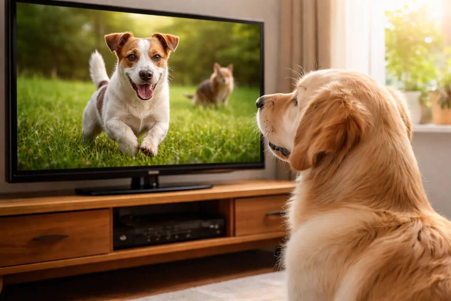 Perro mirando la televisión en casa mientras observa a otro perro en la pantalla.
