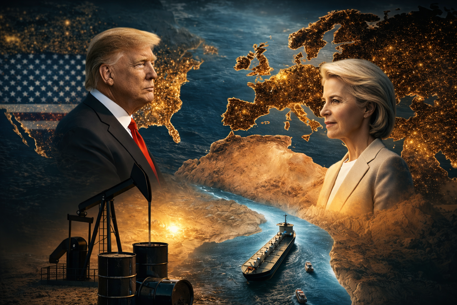 Donald Trump frente a líder europea con mapa mundial y petroleros en el estrecho de Ormuz en un contexto de tensión geopolítica